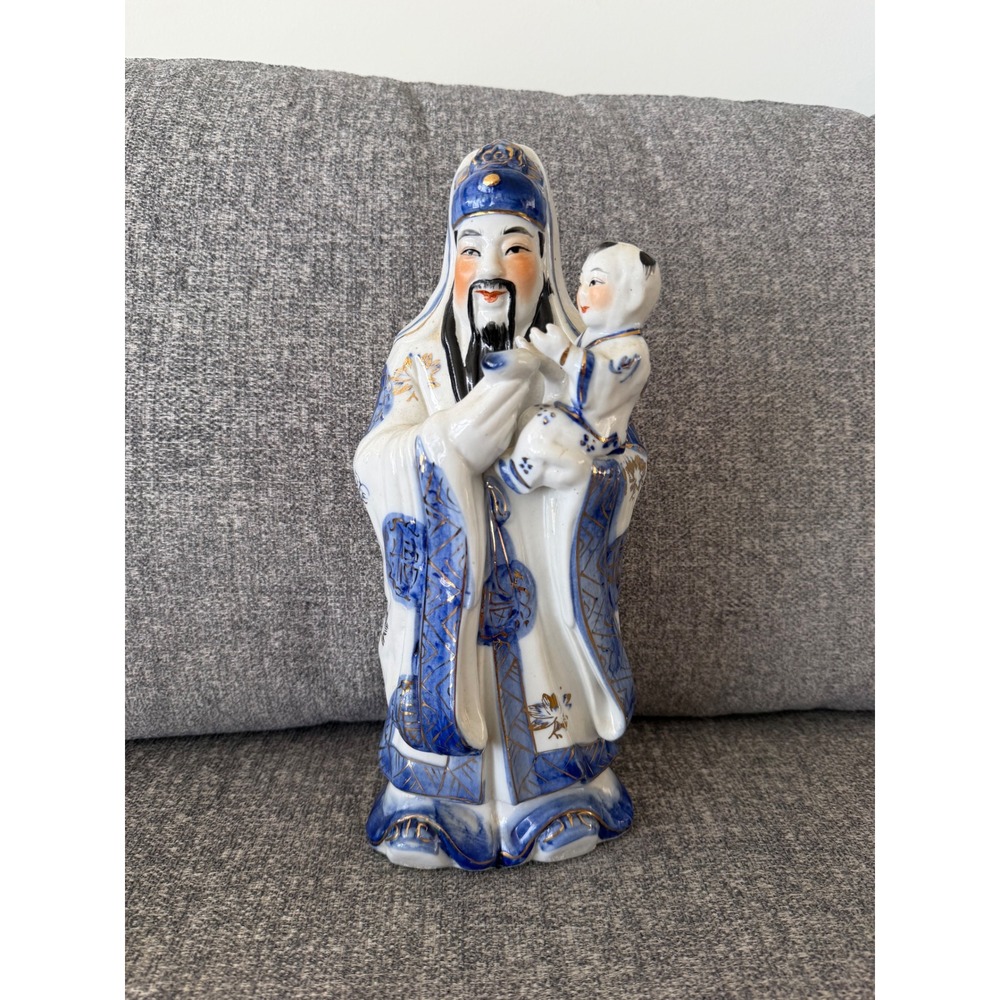 Vintage Chinese Porcelain Figurine Blue White Gold Gilt Wise‎ Man with Child 11"